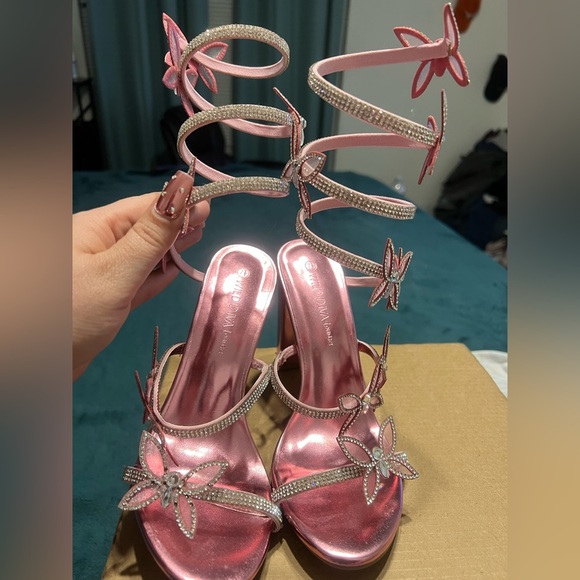 Pink Strappy Heels with Rhinestone Accents - Picture 3 of 9